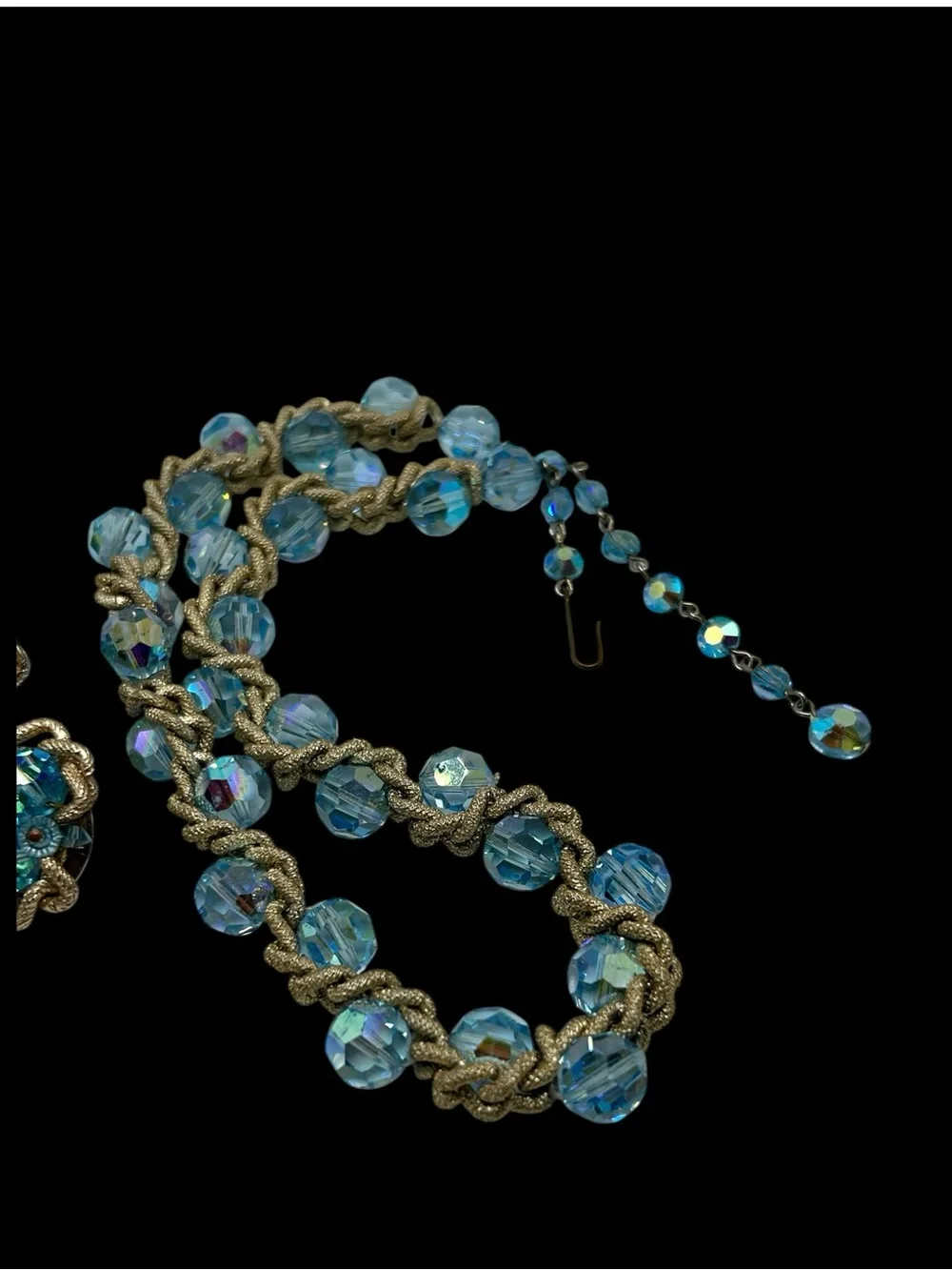 Vintage Blue AB Glass Bead Woven Chain Necklace Earring Set